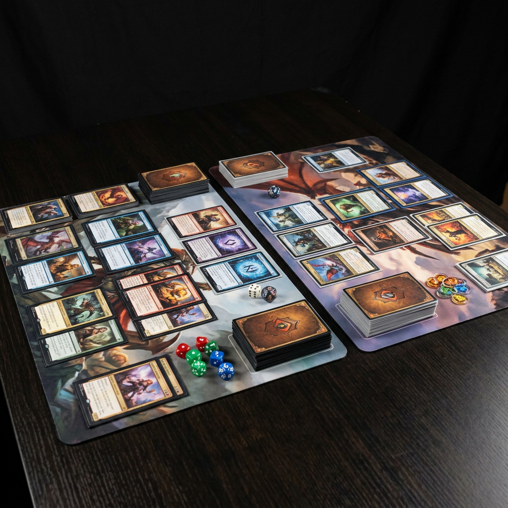 Two Magic: The Gathering playmats with cards, dice, and tokens arranged for a game.